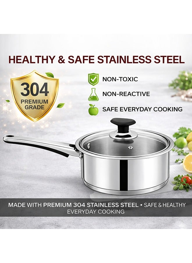 SONEX Mega Stainless Steel Sauce Pan, 18 cm (2 Ltr) with Glass Lid – Ergonomic Cool Handle, Sandwich Bottom, Sleek Modern Appearance, Ideal for Sauces, Soups & More - Image 4